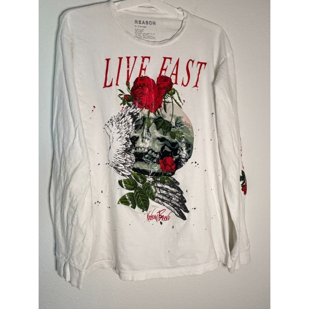 Reason Live Fast T Shirt Mens XL Beige Skull & Roses Graphic Cotton Crew Neck